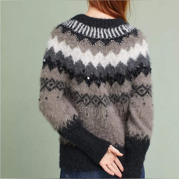 Anthropologie Sleeping On Snow Embellished Fair Isle Black Grey Fuzzy Sweater S - Picture 3 of 12